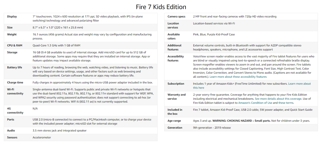 Features of the Amazon Fire 7 Kids Edition Tablet